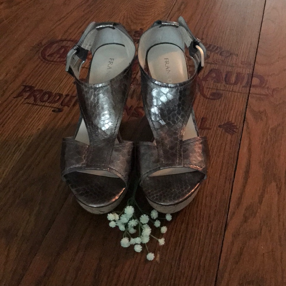 Franco Sarto faux snakes skin silver buckle wedge